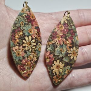 Pink And Blue Flower Cork With Gold Dangling Earrings